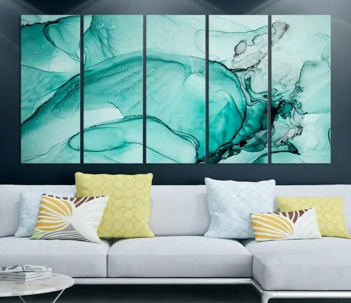 A contemporary living room showcasing the stunning "Green Marble Fluid Effect" abstract canvas, mounted prominently on the wall.