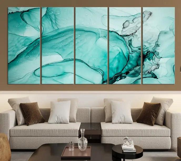 A contemporary living room showcasing the stunning "Green Marble Fluid Effect" abstract canvas, mounted prominently on the wall.