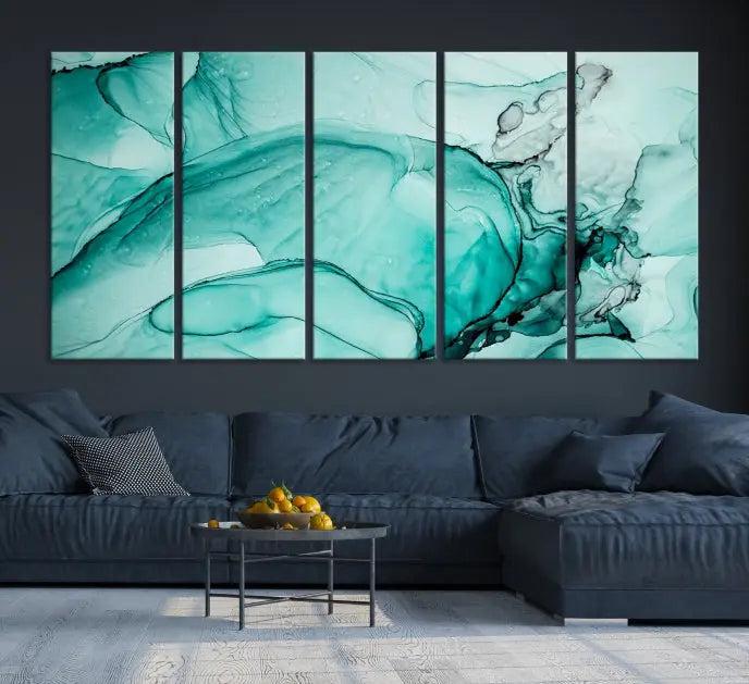 A contemporary living room showcasing the stunning "Green Marble Fluid Effect" abstract canvas, mounted prominently on the wall.