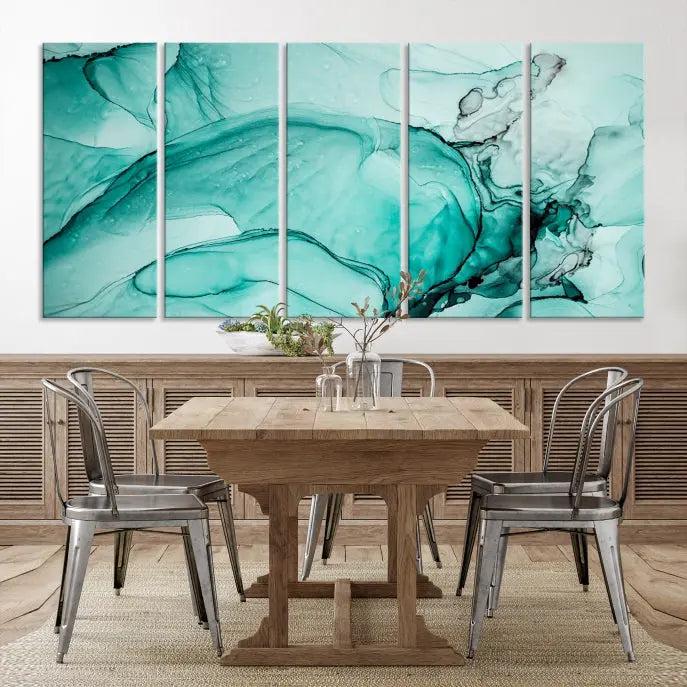 A contemporary living room showcasing the stunning "Green Marble Fluid Effect" abstract canvas, mounted prominently on the wall.