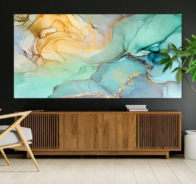 The Green Marble Fluid Effect Wall Art Abstract Canvas Wall Art Print, wrapped on a museum-quality canvas, is elegantly displayed on a dark wall.