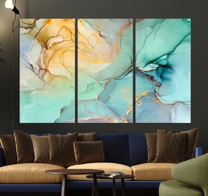 The Green Marble Fluid Effect Wall Art Abstract Canvas Wall Art Print, wrapped on a museum-quality canvas, is elegantly displayed on a dark wall.