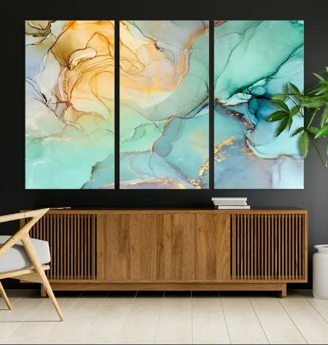 The Green Marble Fluid Effect Wall Art Abstract Canvas Wall Art Print, wrapped on a museum-quality canvas, is elegantly displayed on a dark wall.