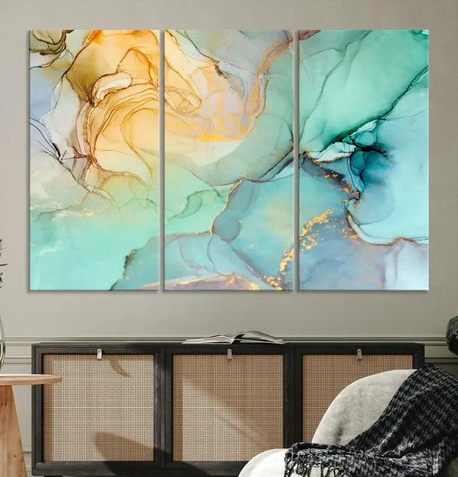 The Green Marble Fluid Effect Wall Art Abstract Canvas Wall Art Print, wrapped on a museum-quality canvas, is elegantly displayed on a dark wall.