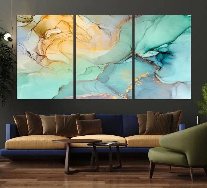 The Green Marble Fluid Effect Wall Art Abstract Canvas Wall Art Print, wrapped on a museum-quality canvas, is elegantly displayed on a dark wall.