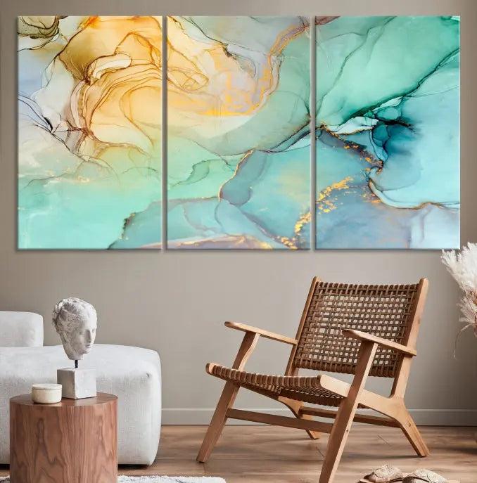 The Green Marble Fluid Effect Wall Art Abstract Canvas Wall Art Print, wrapped on a museum-quality canvas, is elegantly displayed on a dark wall.