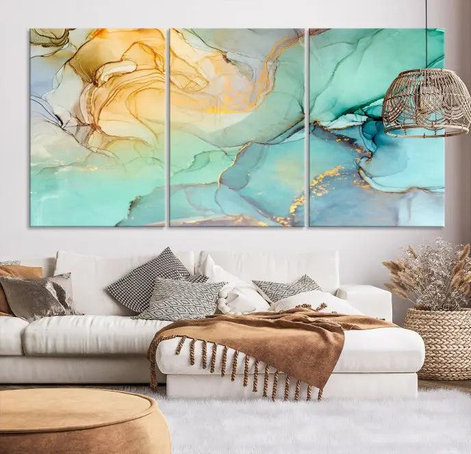 The Green Marble Fluid Effect Wall Art Abstract Canvas Wall Art Print, wrapped on a museum-quality canvas, is elegantly displayed on a dark wall.