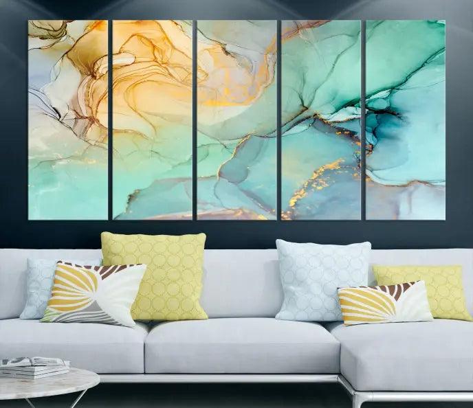 The Green Marble Fluid Effect Wall Art Abstract Canvas Wall Art Print, wrapped on a museum-quality canvas, is elegantly displayed on a dark wall.