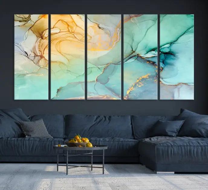 The Green Marble Fluid Effect Wall Art Abstract Canvas Wall Art Print, wrapped on a museum-quality canvas, is elegantly displayed on a dark wall.