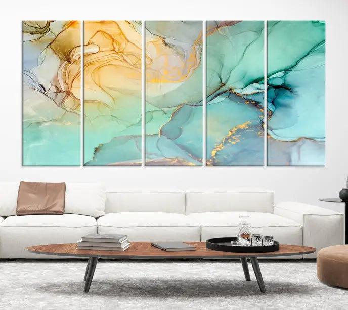 The Green Marble Fluid Effect Wall Art Abstract Canvas Wall Art Print, wrapped on a museum-quality canvas, is elegantly displayed on a dark wall.