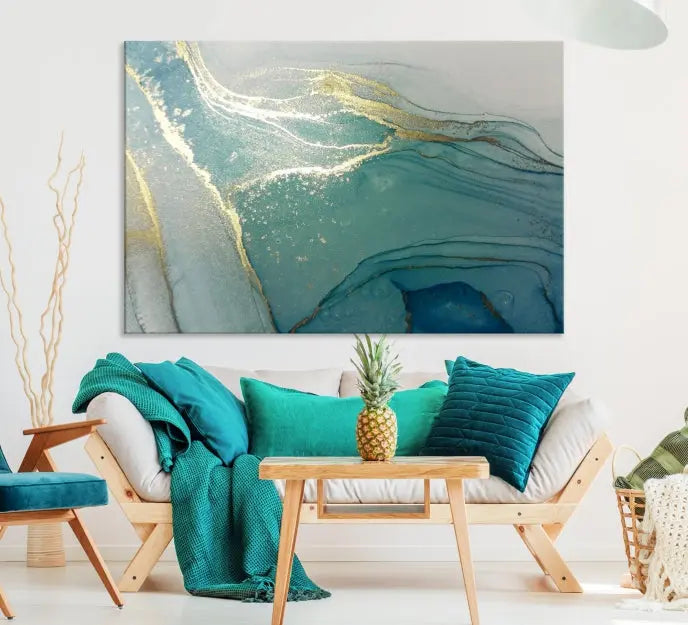 The green marble fluid effect wall art in five panels is printed on museum-quality canvas with UV-protective coating, ensuring it’s ready to hang and admired for years.