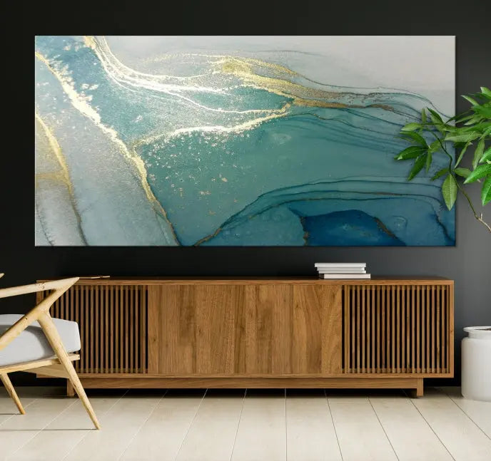 The green marble fluid effect wall art in five panels is printed on museum-quality canvas with UV-protective coating, ensuring it’s ready to hang and admired for years.