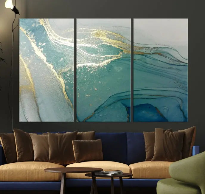 The green marble fluid effect wall art in five panels is printed on museum-quality canvas with UV-protective coating, ensuring it’s ready to hang and admired for years.