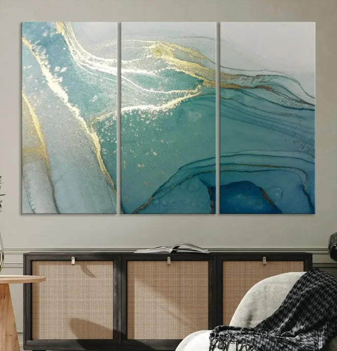 The green marble fluid effect wall art in five panels is printed on museum-quality canvas with UV-protective coating, ensuring it’s ready to hang and admired for years.