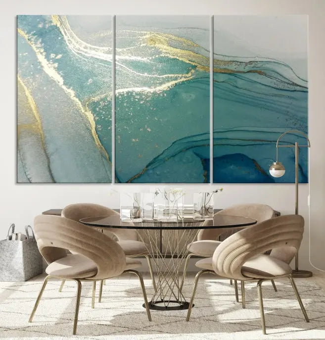 The green marble fluid effect wall art in five panels is printed on museum-quality canvas with UV-protective coating, ensuring it’s ready to hang and admired for years.