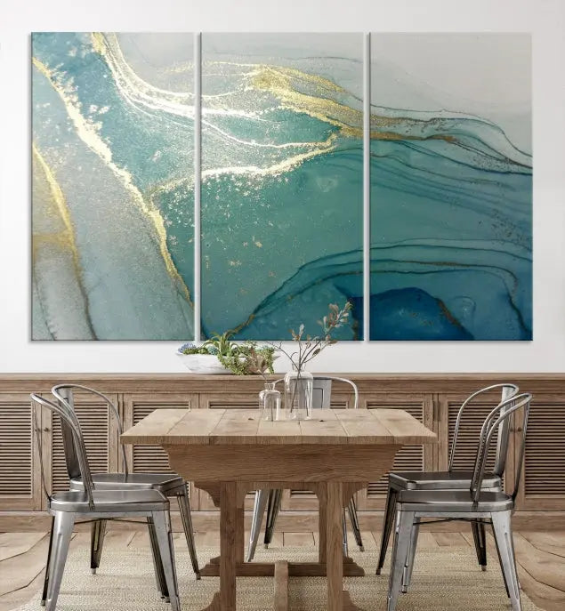 The green marble fluid effect wall art in five panels is printed on museum-quality canvas with UV-protective coating, ensuring it’s ready to hang and admired for years.