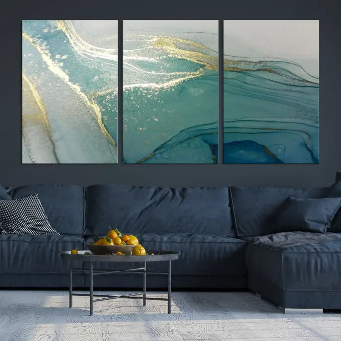 The green marble fluid effect wall art in five panels is printed on museum-quality canvas with UV-protective coating, ensuring it’s ready to hang and admired for years.