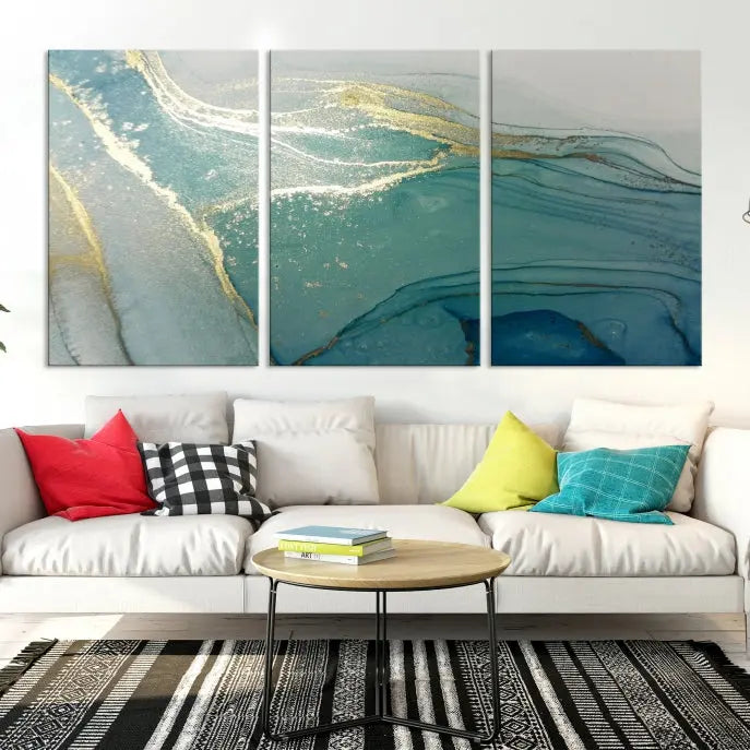 The green marble fluid effect wall art in five panels is printed on museum-quality canvas with UV-protective coating, ensuring it’s ready to hang and admired for years.