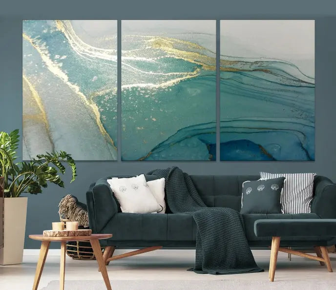 The green marble fluid effect wall art in five panels is printed on museum-quality canvas with UV-protective coating, ensuring it’s ready to hang and admired for years.