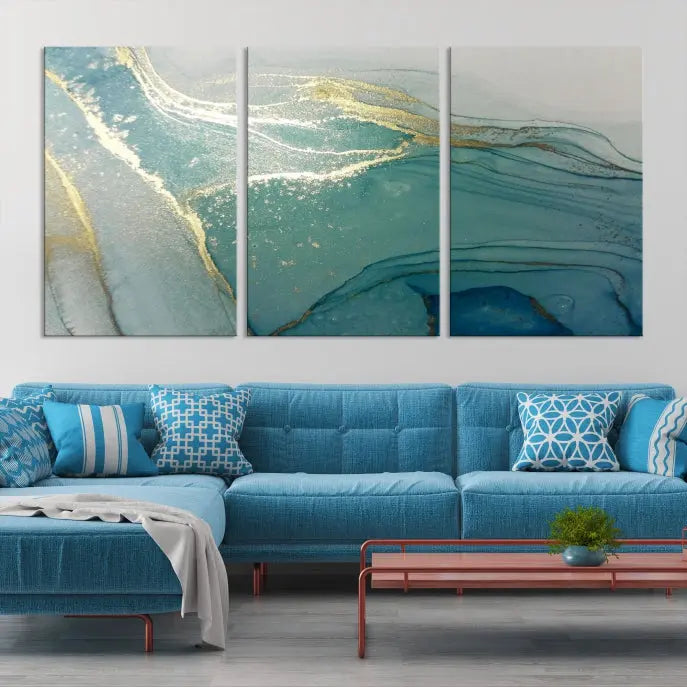 The green marble fluid effect wall art in five panels is printed on museum-quality canvas with UV-protective coating, ensuring it’s ready to hang and admired for years.