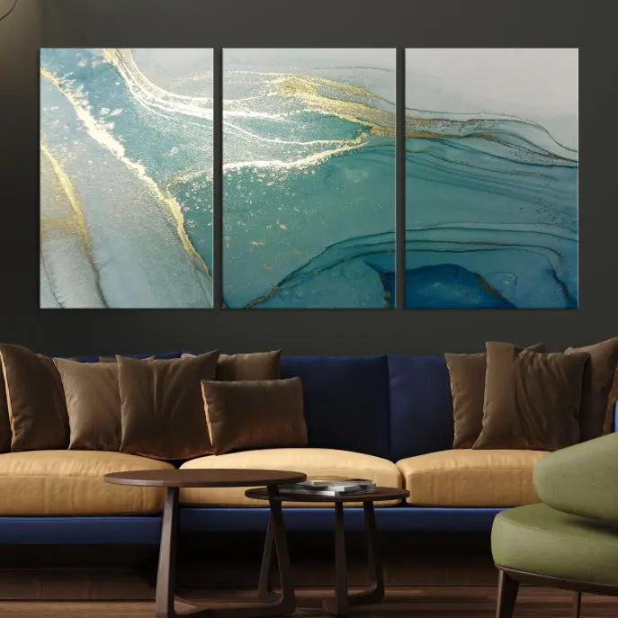 The green marble fluid effect wall art in five panels is printed on museum-quality canvas with UV-protective coating, ensuring it’s ready to hang and admired for years.