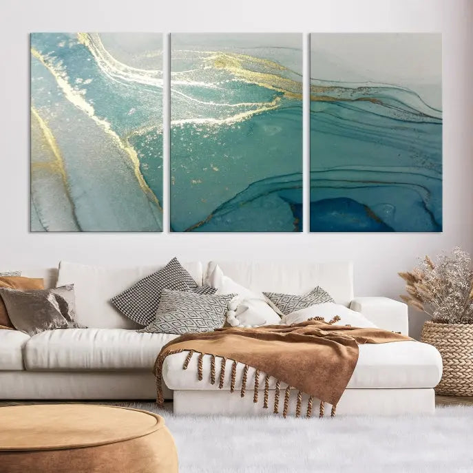 The green marble fluid effect wall art in five panels is printed on museum-quality canvas with UV-protective coating, ensuring it’s ready to hang and admired for years.