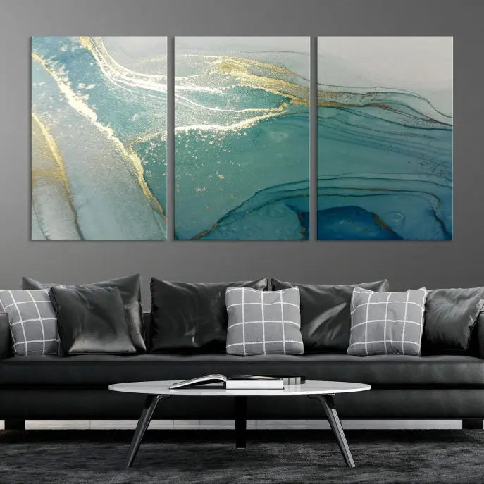 The green marble fluid effect wall art in five panels is printed on museum-quality canvas with UV-protective coating, ensuring it’s ready to hang and admired for years.