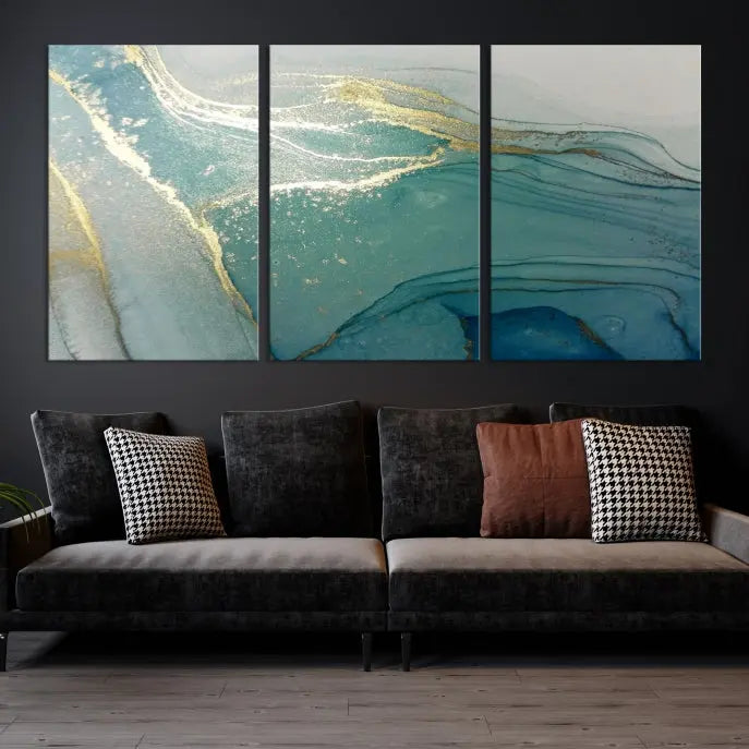 The green marble fluid effect wall art in five panels is printed on museum-quality canvas with UV-protective coating, ensuring it’s ready to hang and admired for years.