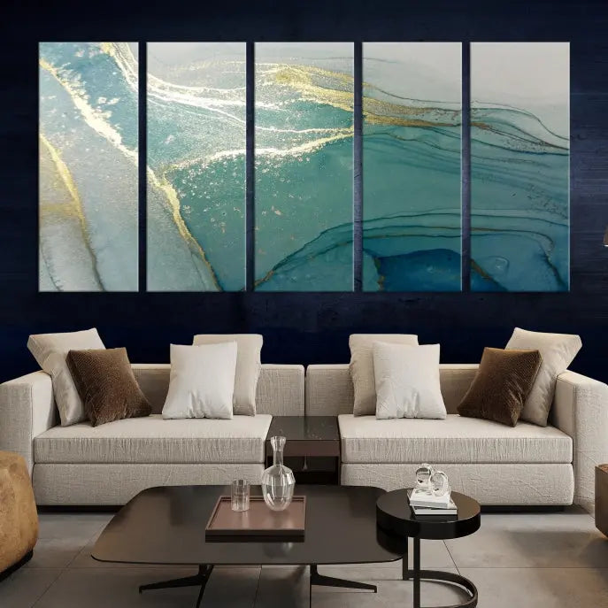 The green marble fluid effect wall art in five panels is printed on museum-quality canvas with UV-protective coating, ensuring it’s ready to hang and admired for years.