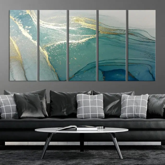 The green marble fluid effect wall art in five panels is printed on museum-quality canvas with UV-protective coating, ensuring it’s ready to hang and admired for years.