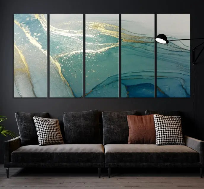 The green marble fluid effect wall art in five panels is printed on museum-quality canvas with UV-protective coating, ensuring it’s ready to hang and admired for years.