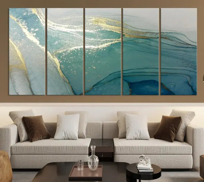 The green marble fluid effect wall art in five panels is printed on museum-quality canvas with UV-protective coating, ensuring it’s ready to hang and admired for years.