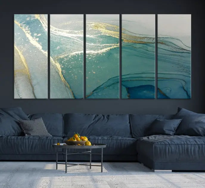 The green marble fluid effect wall art in five panels is printed on museum-quality canvas with UV-protective coating, ensuring it’s ready to hang and admired for years.