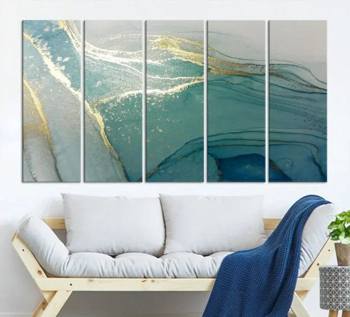 The green marble fluid effect wall art in five panels is printed on museum-quality canvas with UV-protective coating, ensuring it’s ready to hang and admired for years.