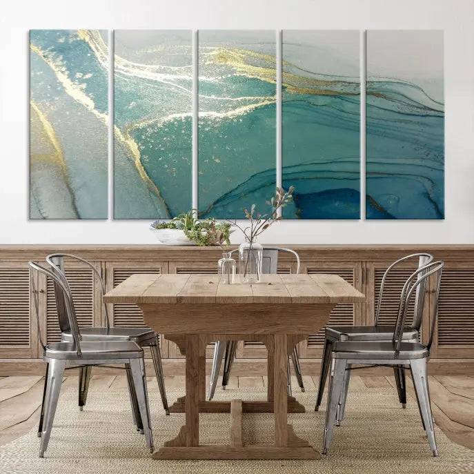 The green marble fluid effect wall art in five panels is printed on museum-quality canvas with UV-protective coating, ensuring it’s ready to hang and admired for years.