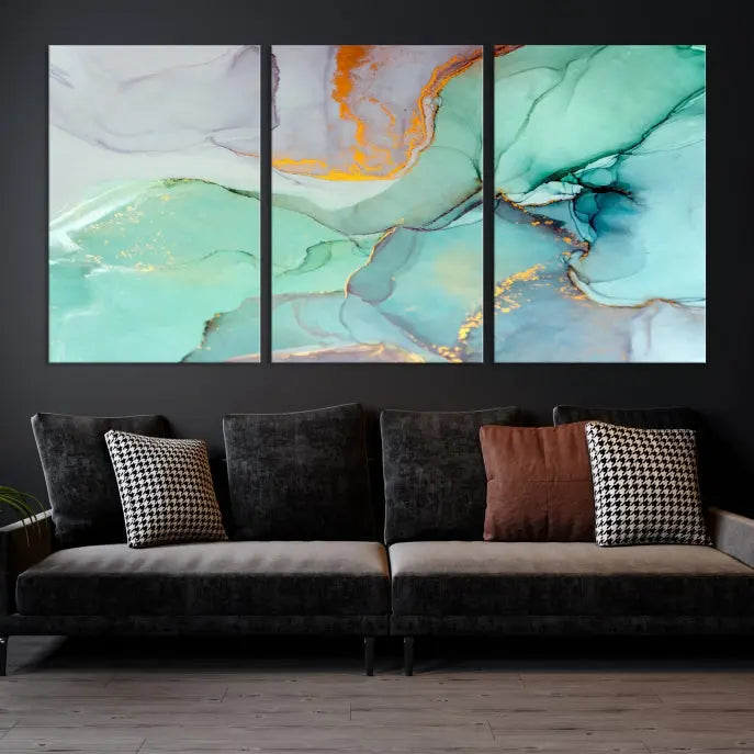 A collection of the "Green Marble Fluid Effect Wall Art Abstract Canvas Wall Art Print" is displayed on a dark wall. These museum-quality canvases, elegantly gallery wrapped, feature UV-protective coating to preserve their vibrant charm.