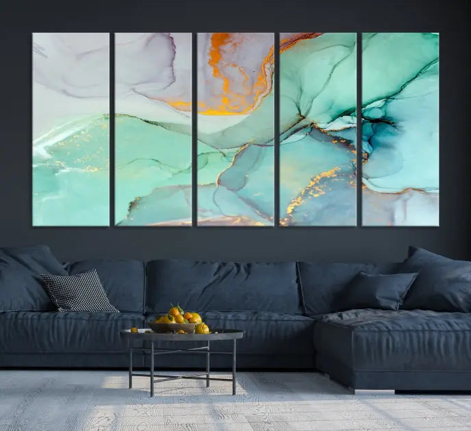 A collection of the "Green Marble Fluid Effect Wall Art Abstract Canvas Wall Art Print" is displayed on a dark wall. These museum-quality canvases, elegantly gallery wrapped, feature UV-protective coating to preserve their vibrant charm.