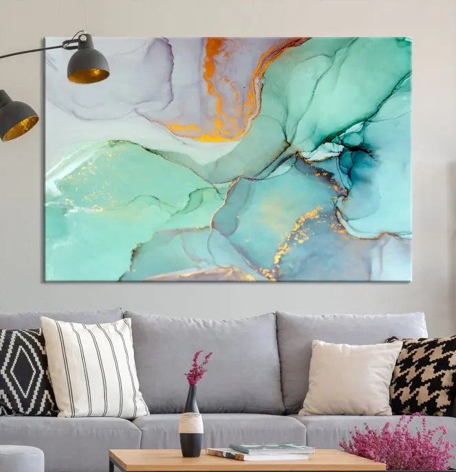 A collection of the "Green Marble Fluid Effect Wall Art Abstract Canvas Wall Art Print" is displayed on a dark wall. These museum-quality canvases, elegantly gallery wrapped, feature UV-protective coating to preserve their vibrant charm.