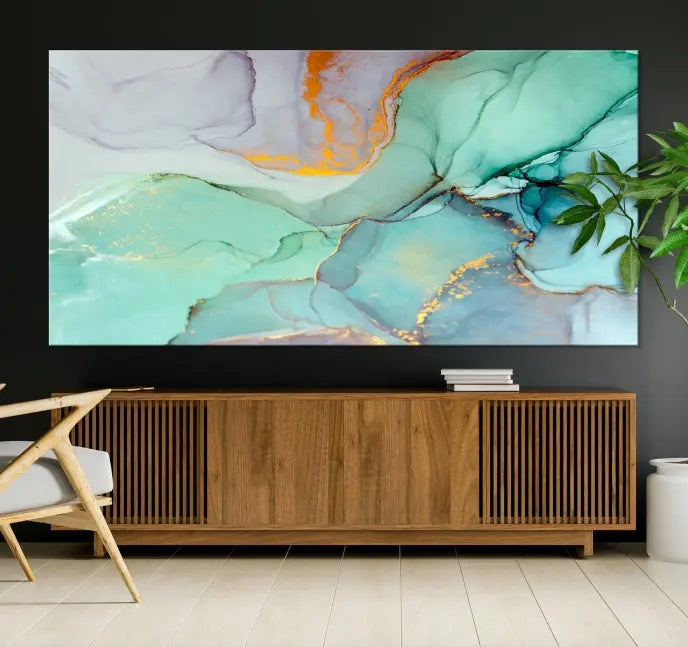 A collection of the "Green Marble Fluid Effect Wall Art Abstract Canvas Wall Art Print" is displayed on a dark wall. These museum-quality canvases, elegantly gallery wrapped, feature UV-protective coating to preserve their vibrant charm.