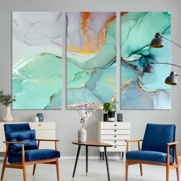 A collection of the "Green Marble Fluid Effect Wall Art Abstract Canvas Wall Art Print" is displayed on a dark wall. These museum-quality canvases, elegantly gallery wrapped, feature UV-protective coating to preserve their vibrant charm.