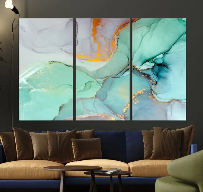 A collection of the "Green Marble Fluid Effect Wall Art Abstract Canvas Wall Art Print" is displayed on a dark wall. These museum-quality canvases, elegantly gallery wrapped, feature UV-protective coating to preserve their vibrant charm.