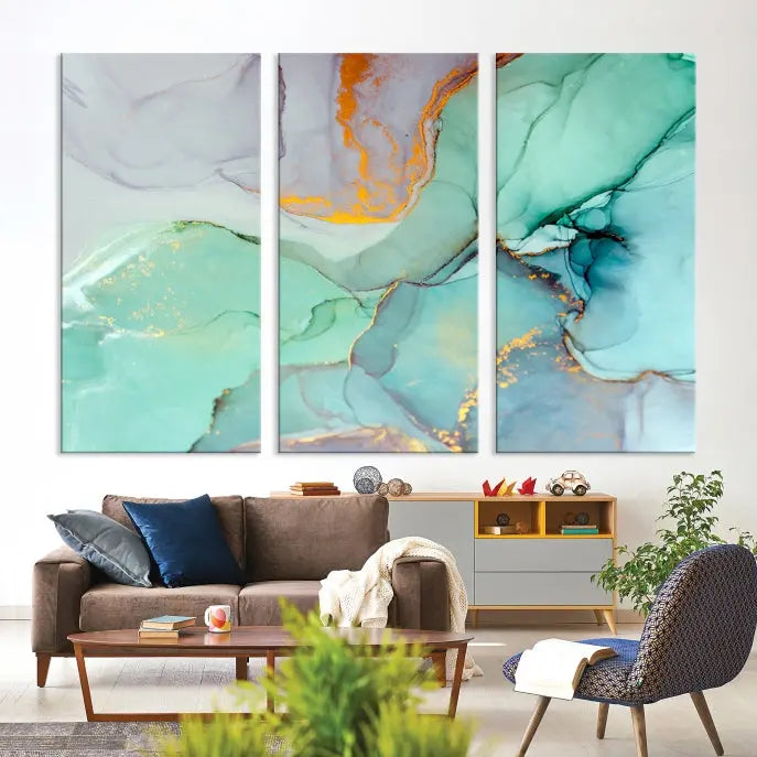 A collection of the "Green Marble Fluid Effect Wall Art Abstract Canvas Wall Art Print" is displayed on a dark wall. These museum-quality canvases, elegantly gallery wrapped, feature UV-protective coating to preserve their vibrant charm.