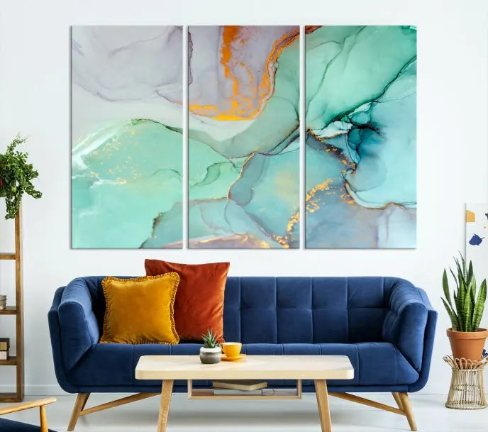 A collection of the "Green Marble Fluid Effect Wall Art Abstract Canvas Wall Art Print" is displayed on a dark wall. These museum-quality canvases, elegantly gallery wrapped, feature UV-protective coating to preserve their vibrant charm.