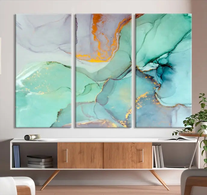 A collection of the "Green Marble Fluid Effect Wall Art Abstract Canvas Wall Art Print" is displayed on a dark wall. These museum-quality canvases, elegantly gallery wrapped, feature UV-protective coating to preserve their vibrant charm.