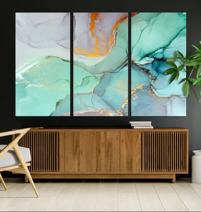 A collection of the "Green Marble Fluid Effect Wall Art Abstract Canvas Wall Art Print" is displayed on a dark wall. These museum-quality canvases, elegantly gallery wrapped, feature UV-protective coating to preserve their vibrant charm.