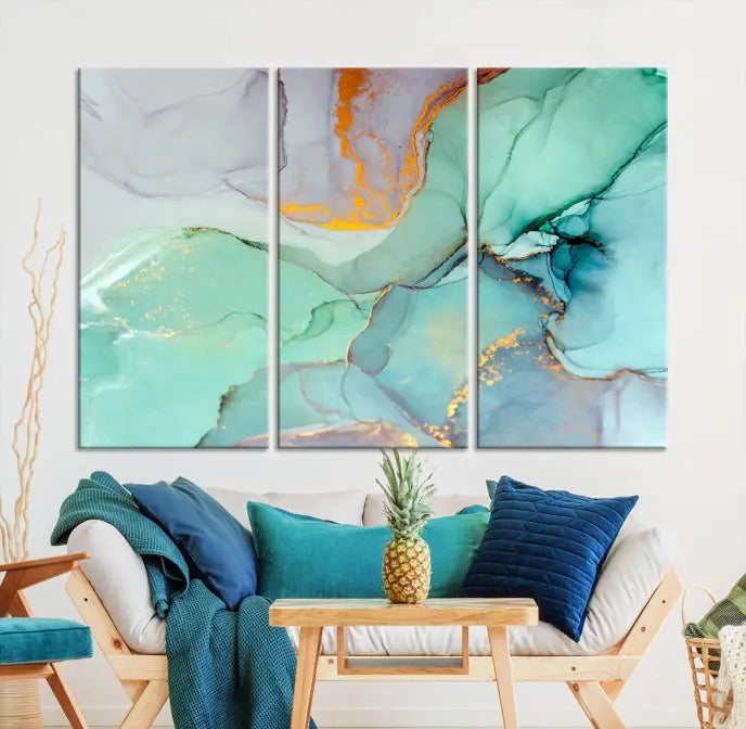 A collection of the "Green Marble Fluid Effect Wall Art Abstract Canvas Wall Art Print" is displayed on a dark wall. These museum-quality canvases, elegantly gallery wrapped, feature UV-protective coating to preserve their vibrant charm.