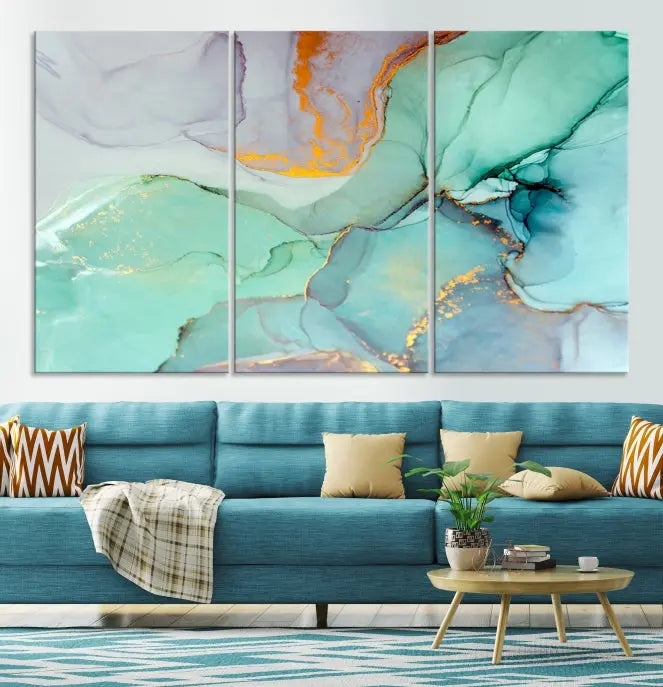 A collection of the "Green Marble Fluid Effect Wall Art Abstract Canvas Wall Art Print" is displayed on a dark wall. These museum-quality canvases, elegantly gallery wrapped, feature UV-protective coating to preserve their vibrant charm.