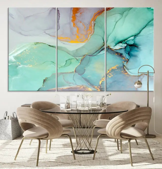 A collection of the "Green Marble Fluid Effect Wall Art Abstract Canvas Wall Art Print" is displayed on a dark wall. These museum-quality canvases, elegantly gallery wrapped, feature UV-protective coating to preserve their vibrant charm.