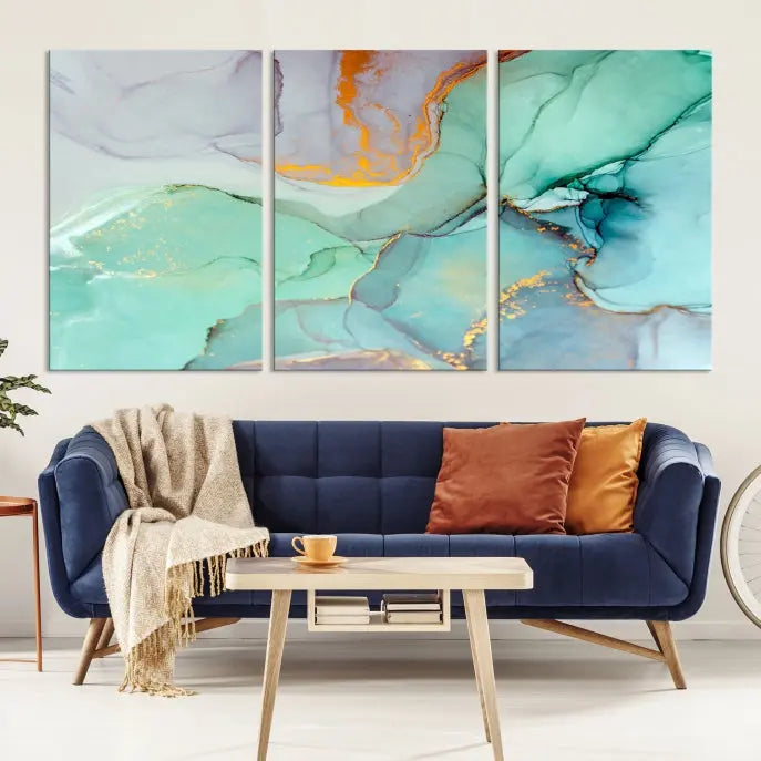 A collection of the "Green Marble Fluid Effect Wall Art Abstract Canvas Wall Art Print" is displayed on a dark wall. These museum-quality canvases, elegantly gallery wrapped, feature UV-protective coating to preserve their vibrant charm.