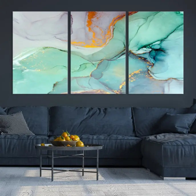 A collection of the "Green Marble Fluid Effect Wall Art Abstract Canvas Wall Art Print" is displayed on a dark wall. These museum-quality canvases, elegantly gallery wrapped, feature UV-protective coating to preserve their vibrant charm.